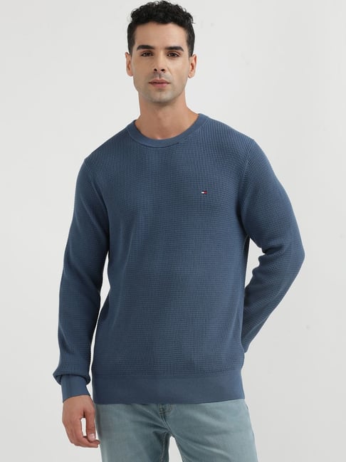 Tommy Hilfiger Blue Cotton Regular Fit Texture Pullover-picture-21