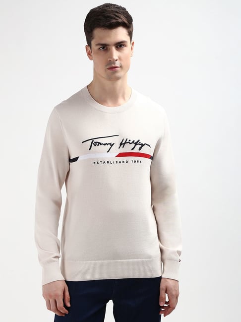 Tommy Hilfiger White Cotton Regular Fit Logo Printed Pullover-picture-41
