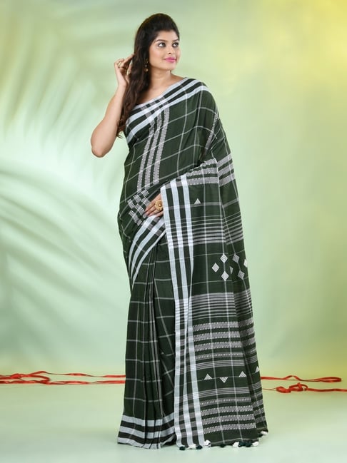 CHARUKRITI Moss Green Cotton Checks Saree-picture-26