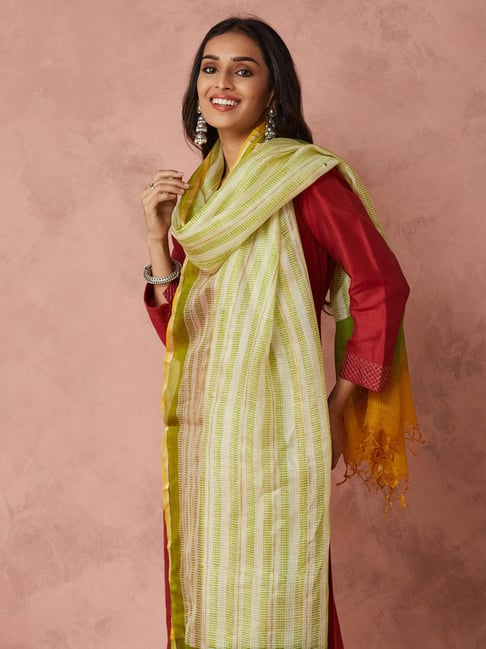 Fabindia Green Silk Regular Fit Printed Dupatta