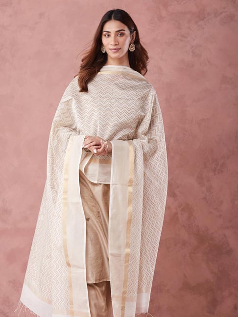 Fabindia White Cotton Silk Regular Fit Printed Dupatta-picture-30