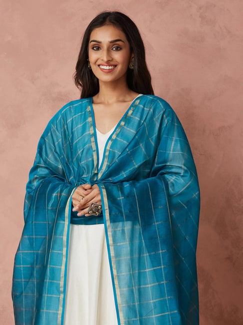 Fabindia Blue Cotton Silk Regular Fit Woven Dupatta-picture-12