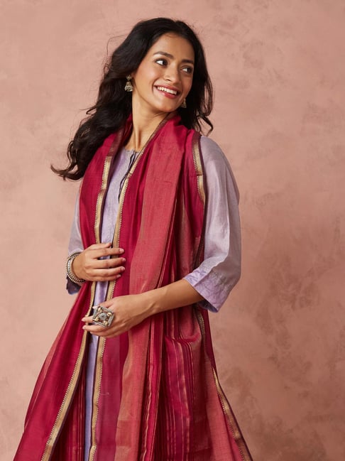 Fabindia Maroon Cotton Silk Regular Fit Woven Dupatta-picture-36