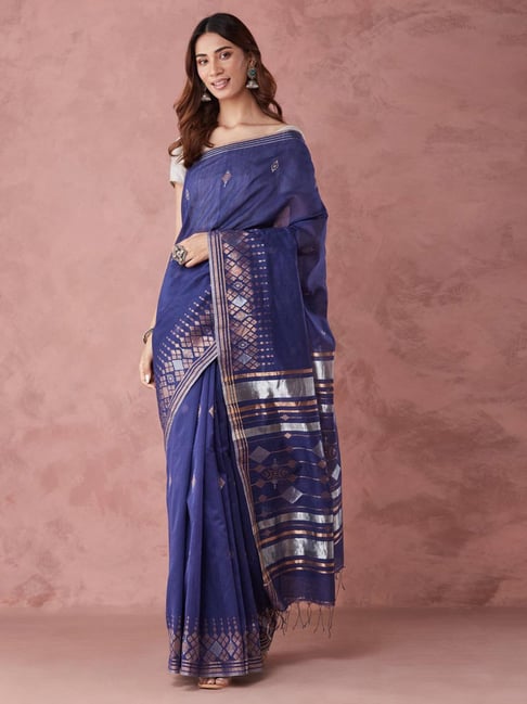Fabindia Navy Blue Cotton Silk Regular Fit Woven Saree-picture-29