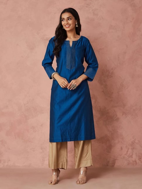 Fabindia Blue Cotton Silk Regular Fit Solid Kurta