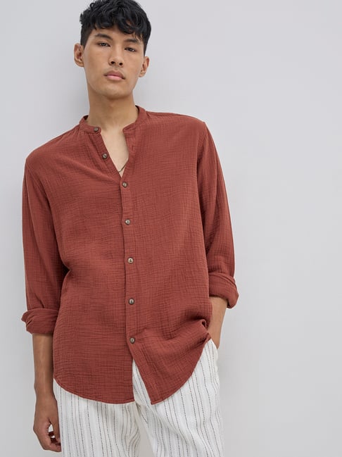 ETA by Westside Rust Textured Resort-Fit Cotton Shirt