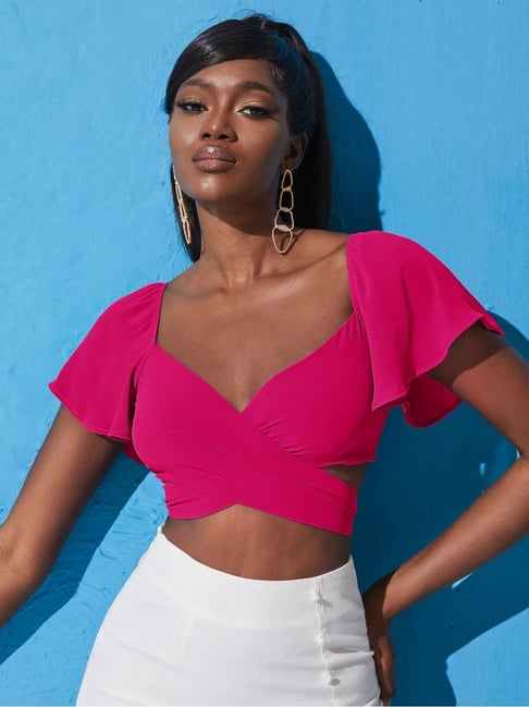 Kotty Pink Polyster Solid Half Sleeves Crop Top