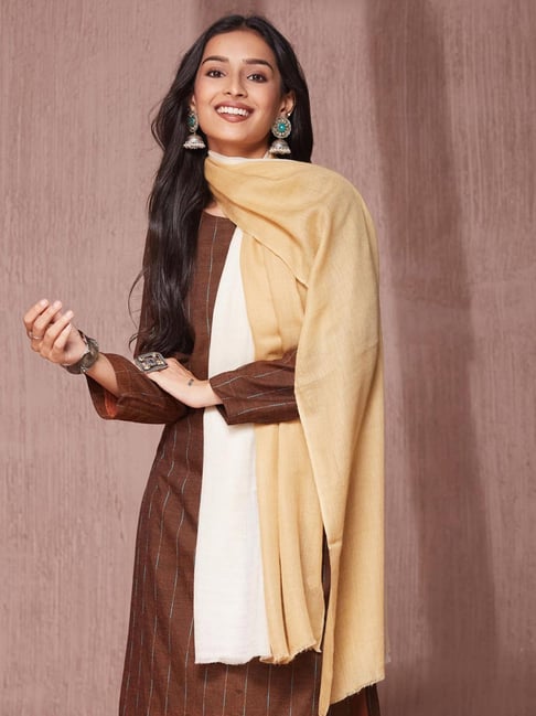 Fabindia Beige Wool Regular Fit Woven Stole