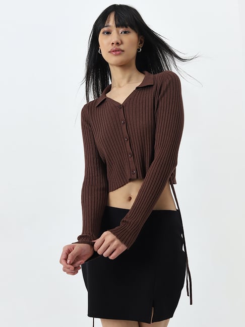 Nuon by Westside Dark Brown Ribbed Textured Cotton Blend Top
