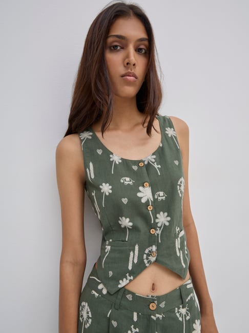 Bombay Paisley by Westside Olive Waistcoat-Style Cotton Blend Top