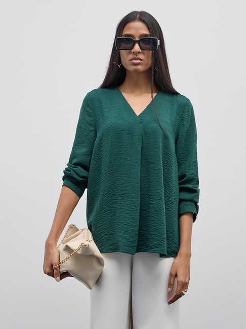 Wardrobe by Westside Dark Green Crinkle-Textured Top