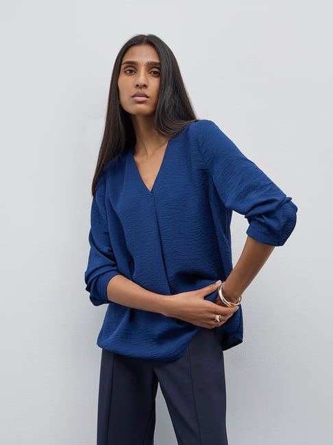 Wardrobe by Westside Dark Blue Crinkle-Textured Top