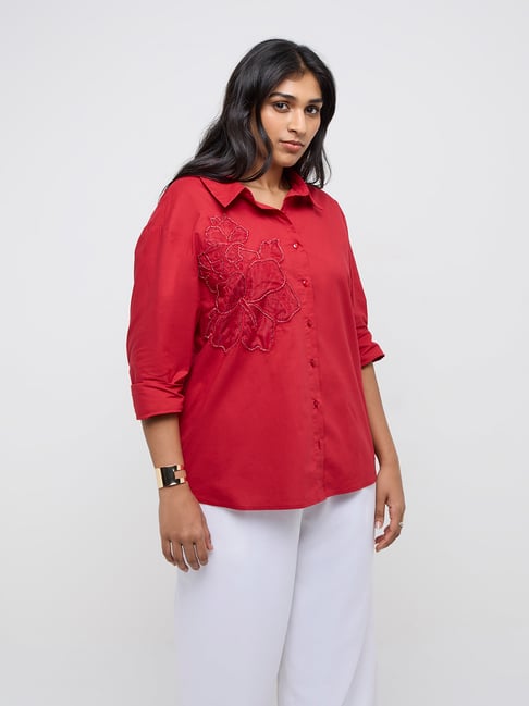 Gia by Westside Red Floral Embellished Cotton Blouse