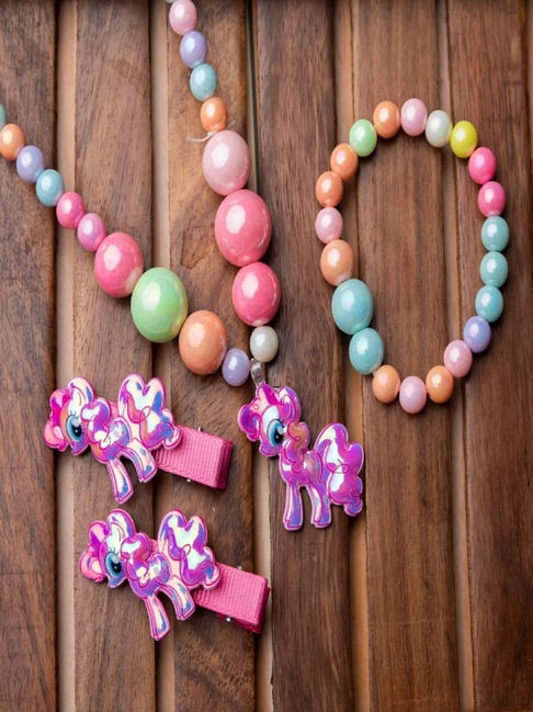 Jewelz Multicolor Unicorn Pendant Necklace, Bracelet & Hair Clips Set for Kids - Pack of 4