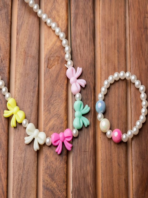 Jewelz Stylish Kids' White Bow Design Necklace & Bracelet Set for Kids - Pack of 2