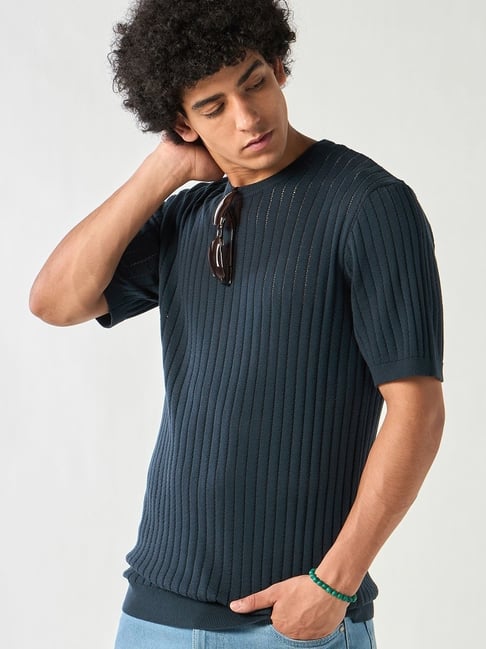 Bewakoof Blue Cotton Regular Fit Textured T-Shirt