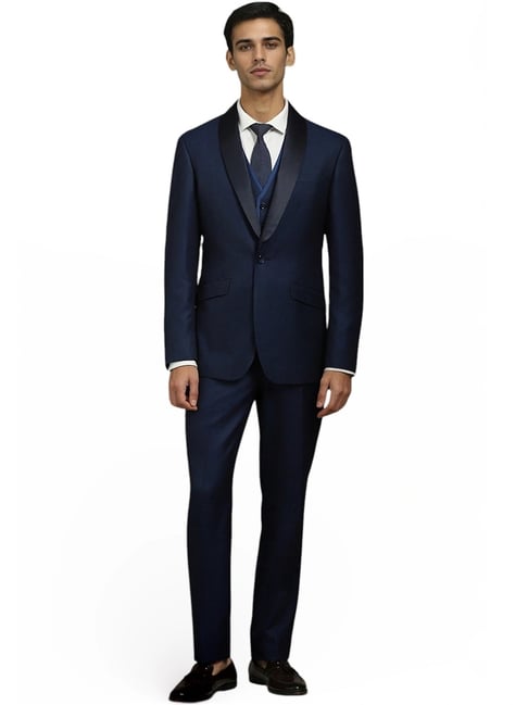 Louis Philippe Navy Slim Fit Geometric Three Piece Suit