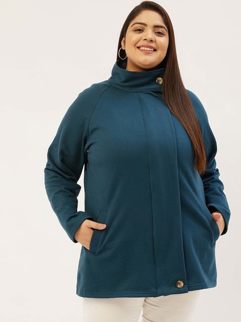 Buy theRebelinme Plus Size Teal Fleece Jacket for Women Online