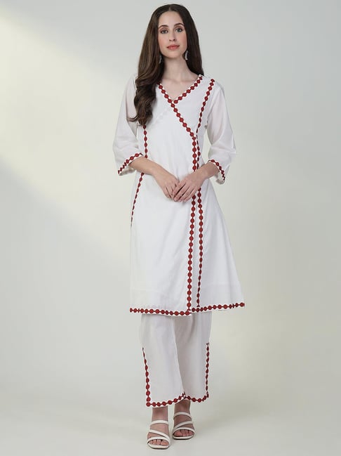 SHOWOFF White & Maroon Regular Fit Kurta With Pants