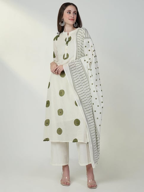SHOWOFFFF Off White & Green Embellished Kurta With Pants & Dupatta