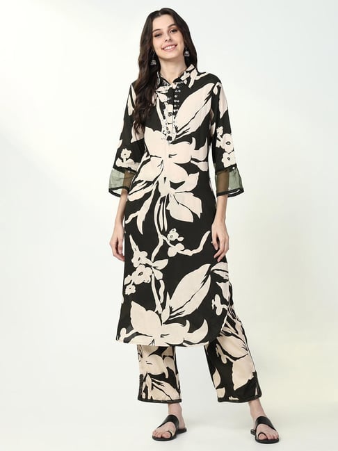 SHOWOFF Green & Beige Floral Print Kurta With Pants