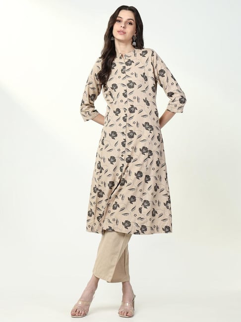 SHOWOFF Beige & Green Floral Print Kurta With Pants