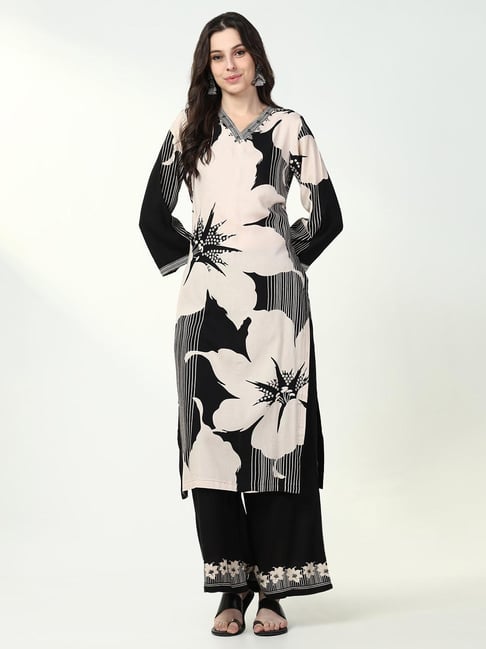 SHOWOFF Black & White Floral Print Kurta With Pants