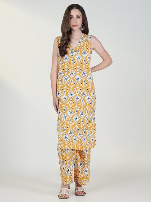 SHOWOFF Mustard & White Printed Kurta With Pants