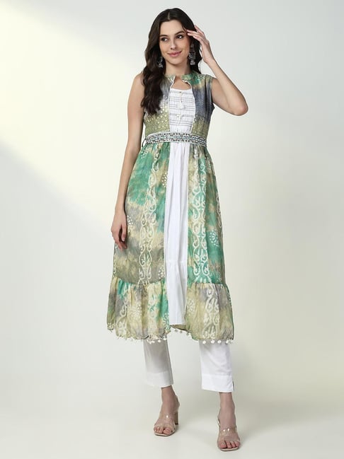 showoffff SHOWOFF White & Green Regular Fit Kurta With Overcoat & Belt-picture-17