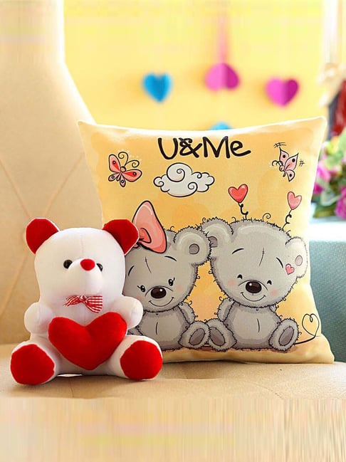 FNP Multicolor Canvas Poly Duck U N Me Cushion & Teddy Bear Combo - Set of 2