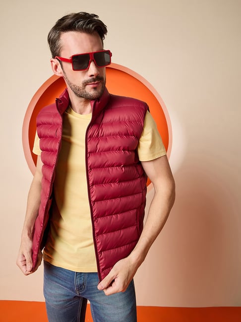 Club York Dark Maroon Polyester Solid Casual Jackets And Blazers