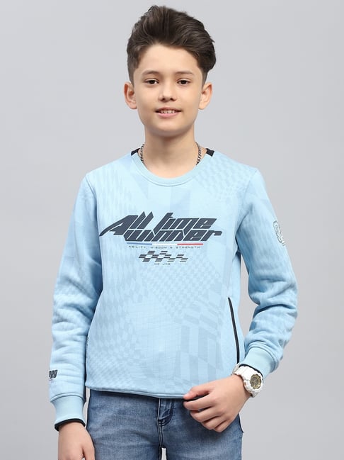 Monte Carlo Boys Sky Blue Cotton Blend Printed Sweatshirt