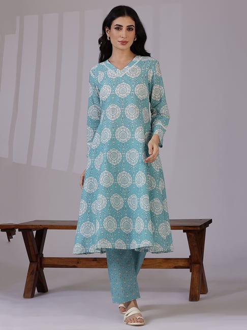 W Teal Pure Cotton Floral Kurta set