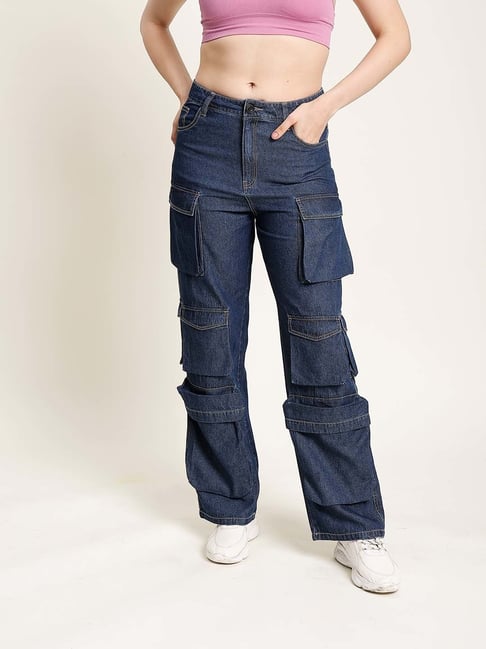 Bene Kleed Dark Blue Cotton Straight Fit High Rise Cargo Jeans-picture-25