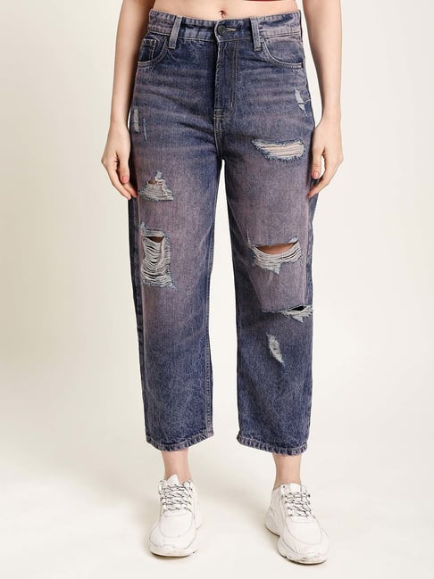 Bene Kleed Blue Cotton Distressed Jeans-picture-37
