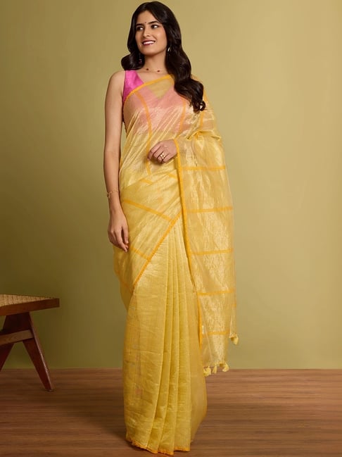 Taneira Yellow Embroidered Saree With Unstitched Blouse-picture-32