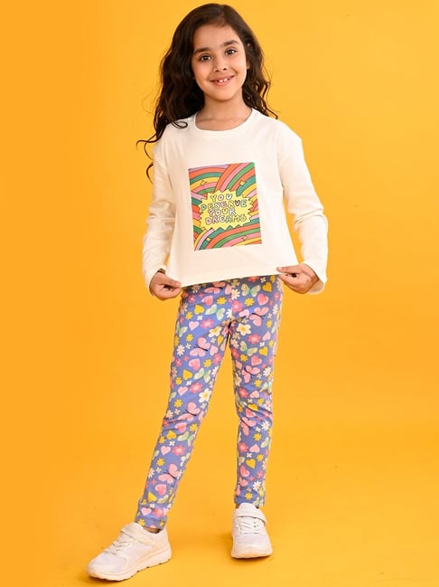 Anthrilo Girls White Blue Graphic Leggings Set