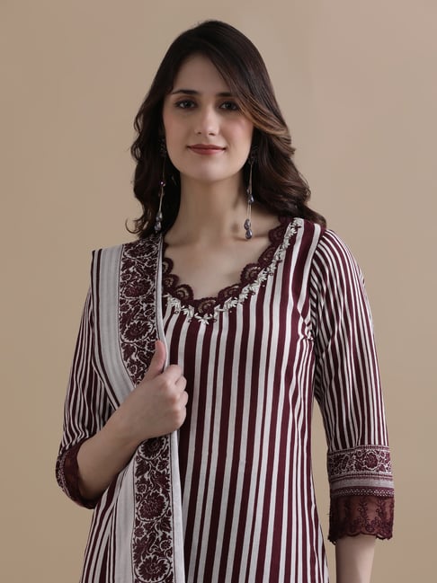 Jaipur Kurti Violet Pure Cotton Regular Fit Stripes Suit Sets