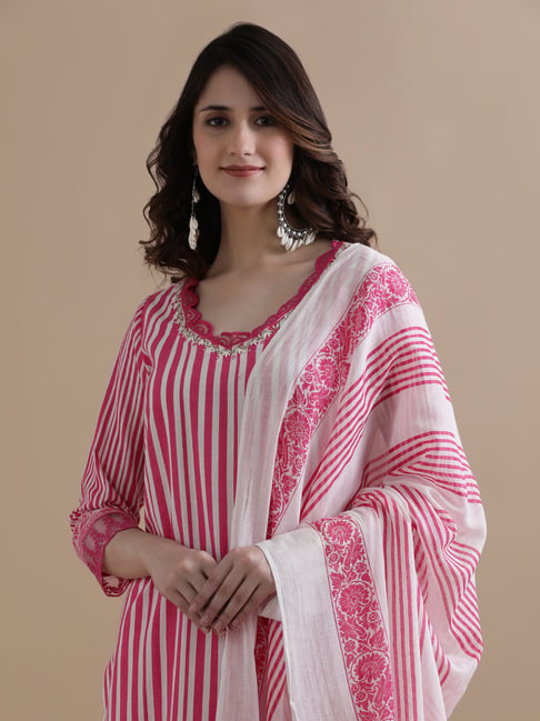 Jaipur Kurti Pink Pure Cotton Regular Fit Stripes Suit Sets