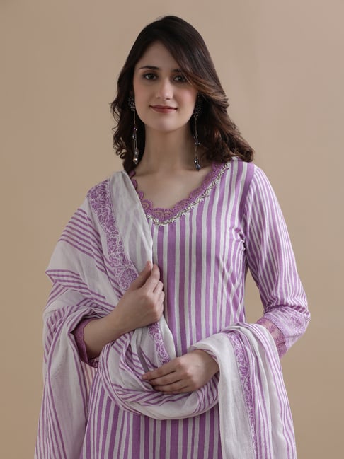 Jaipur Kurti Purple Pure Cotton Regular Fit Stripes Suit Sets