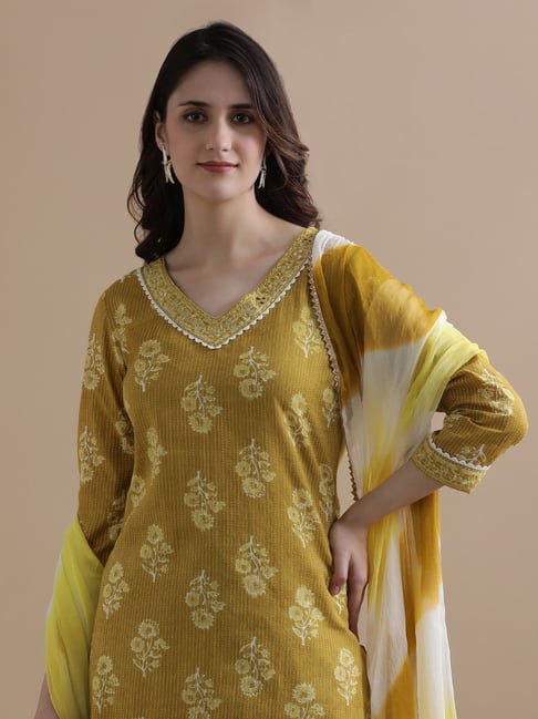Jaipur Kurti Mustard Pure Cotton Regular Fit Embroidery Suit Sets