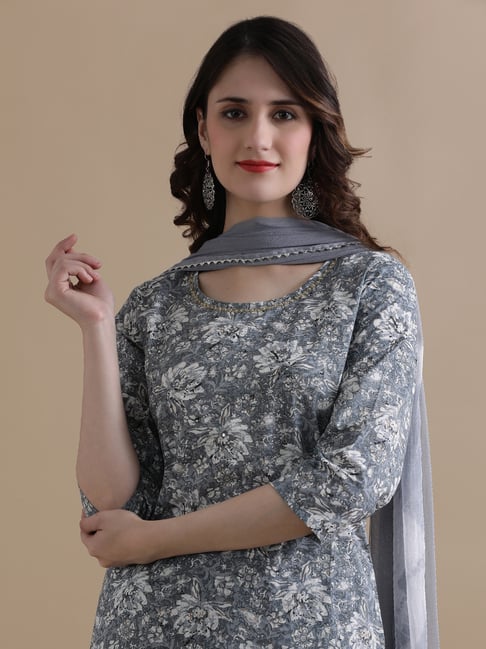 Jaipur Kurti Grey Pure Cotton Regular Fit Embroidery Suit Sets