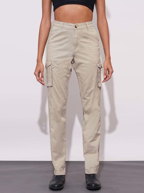 Globus Beige Cotton Lycra Regular Fit High Rise Cargo Pants-picture-34