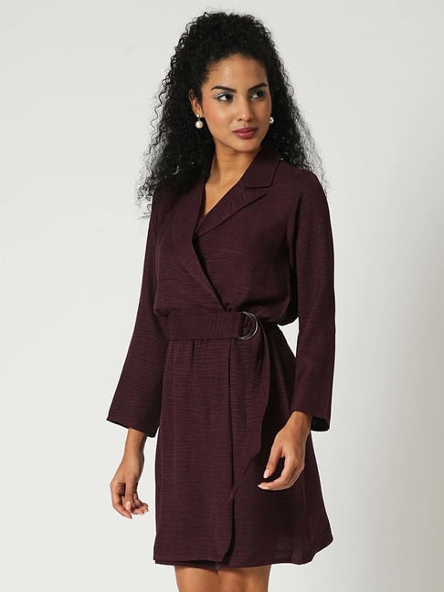 Globus Maroon Linen Regular Fit Wrap Dress-picture-43