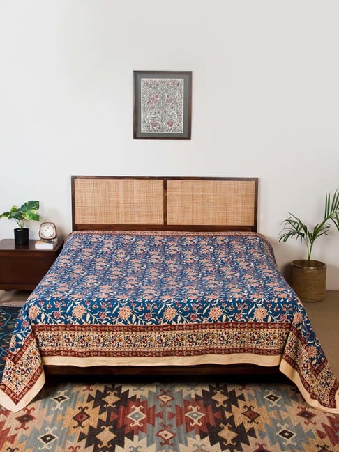 Fabindia Home Blue Cotton 118 TC Hand Block Printed Single Bed Cover