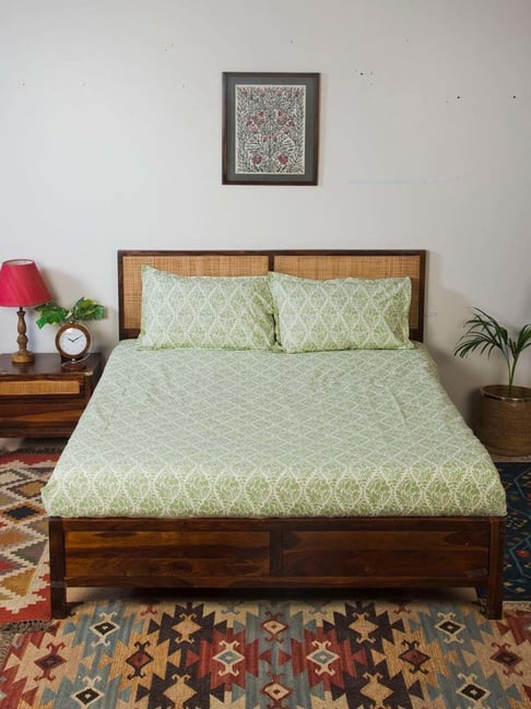 Fabindia Home Green Cotton 138 TC Printed Single Bedsheet with 1 Pillow Cover