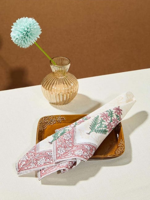 Fabindia Home Pink Cotton Hand Block Printed Napkins - Set of 6