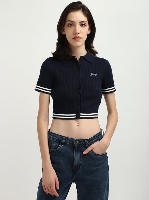 TOMMY HILFIGER Navy Cotton Graphic Print Crop Sweatshirt