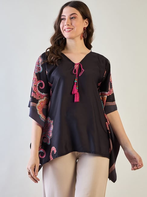 The Kaftan Company Black Polyester Regular Fit Print Top