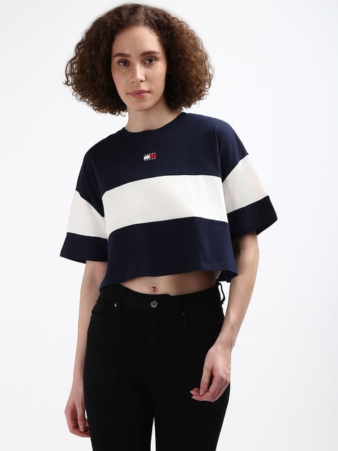TOMMY HILFIGER Navy White Cotton Color-Block Crop T-Shirt